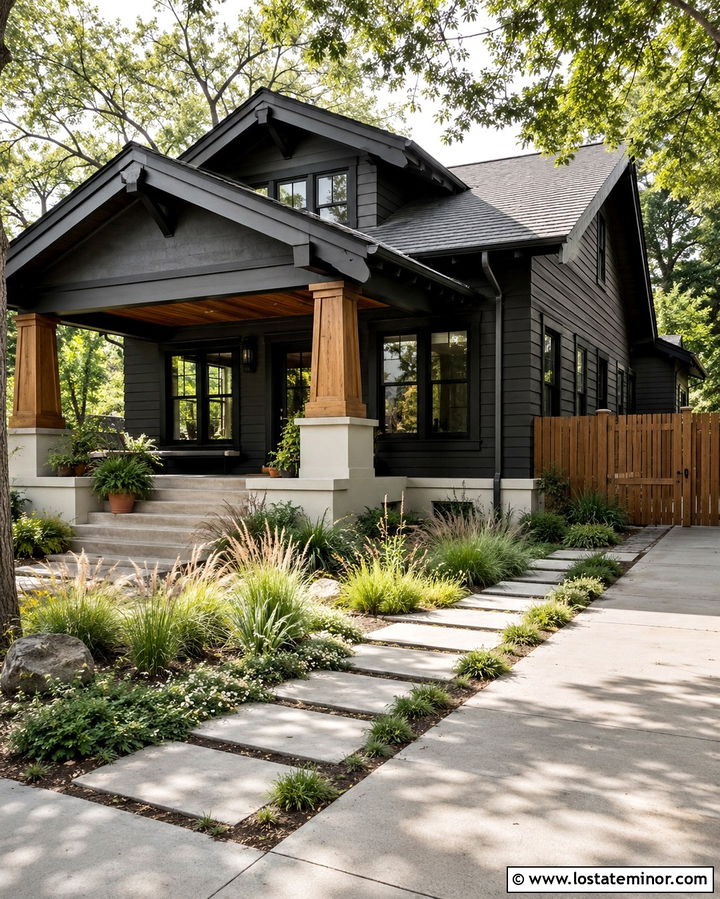 Soft Black Bungalow With Wood Slat Fence - 30 Soft Black House Design With Fence Ideas