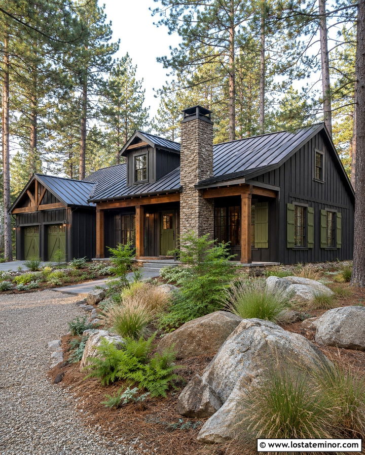 Soft Black Cabin With Olive Green Shutters - 30 Soft Black House Design With Shutters Ideas