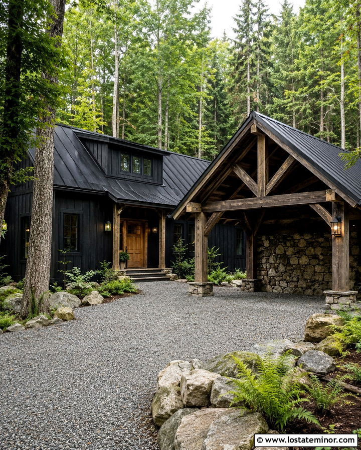 Soft Black Cabin With Rustic Carport - 30 Soft Black House Design With Carport Ideas