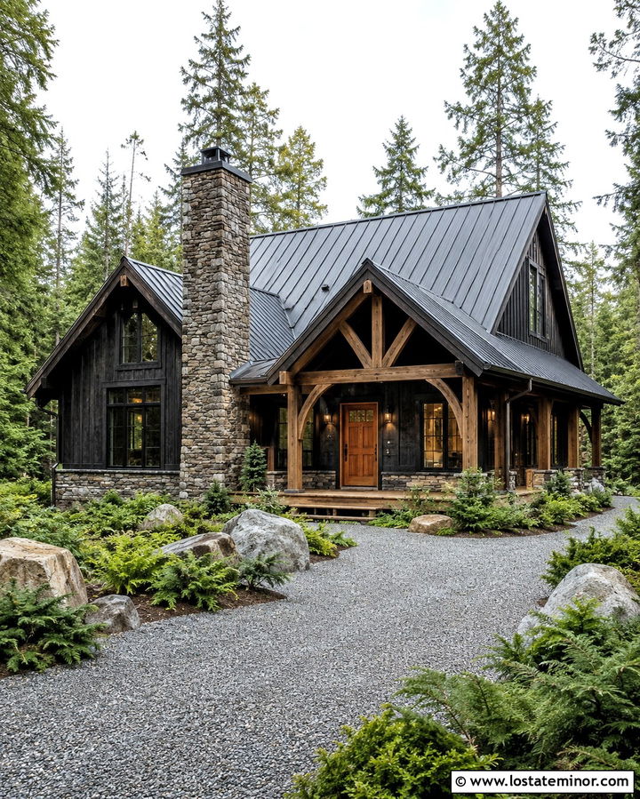 Soft Black Cabin With Rustic Stone Chimney - 30 Soft Black House Design With Chimney Ideas