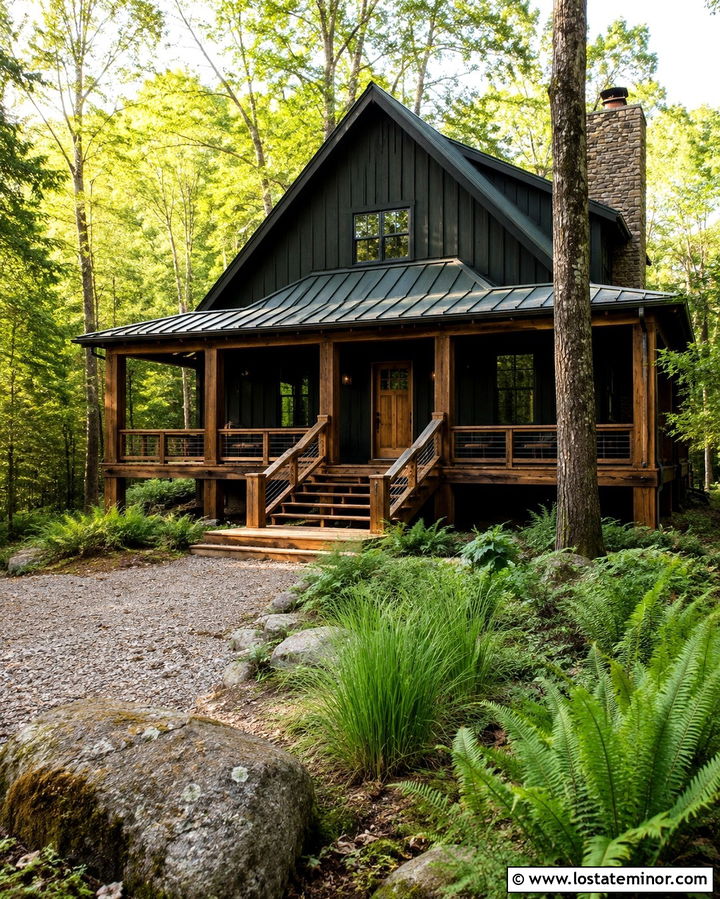 Soft Black Cabin With Rustic Wood Deck - 30 Soft Black House Design With Deck Ideas