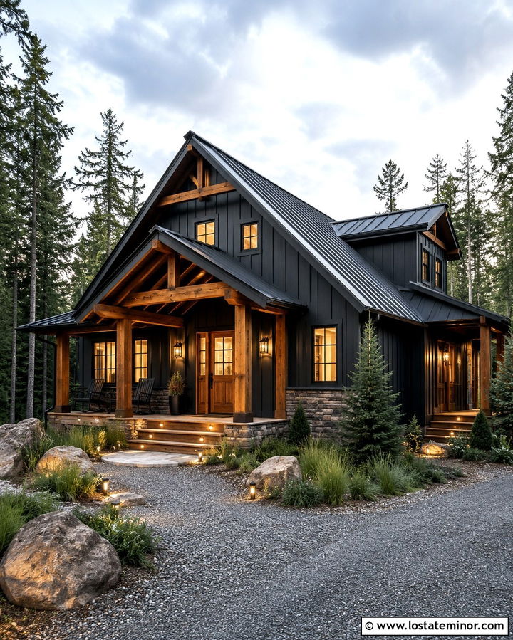 Soft Black Cabin With Timber Beam Lighting - 30 Soft Black House Design With Lighting Ideas