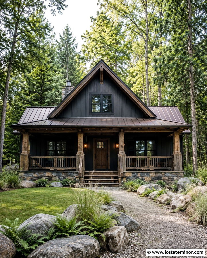 Soft Black Cabin With Timber Front Porch - 30 Soft Black House Design With Front Porch Ideas