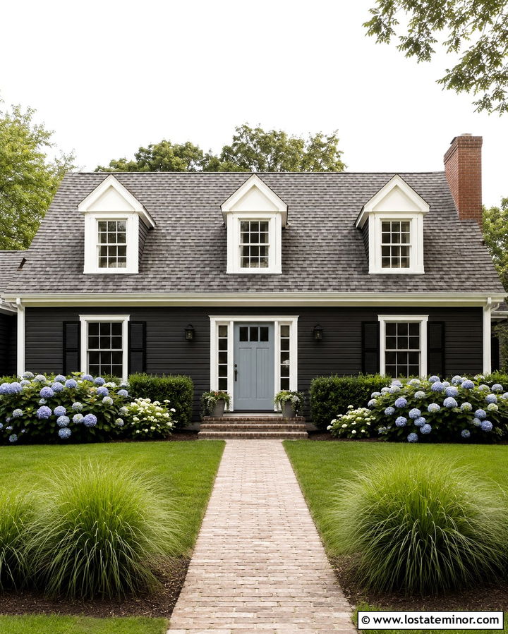 Soft Black Cape Cod House With Pale Blue Front Door - 30 Soft Black House Design With Front Door Ideas