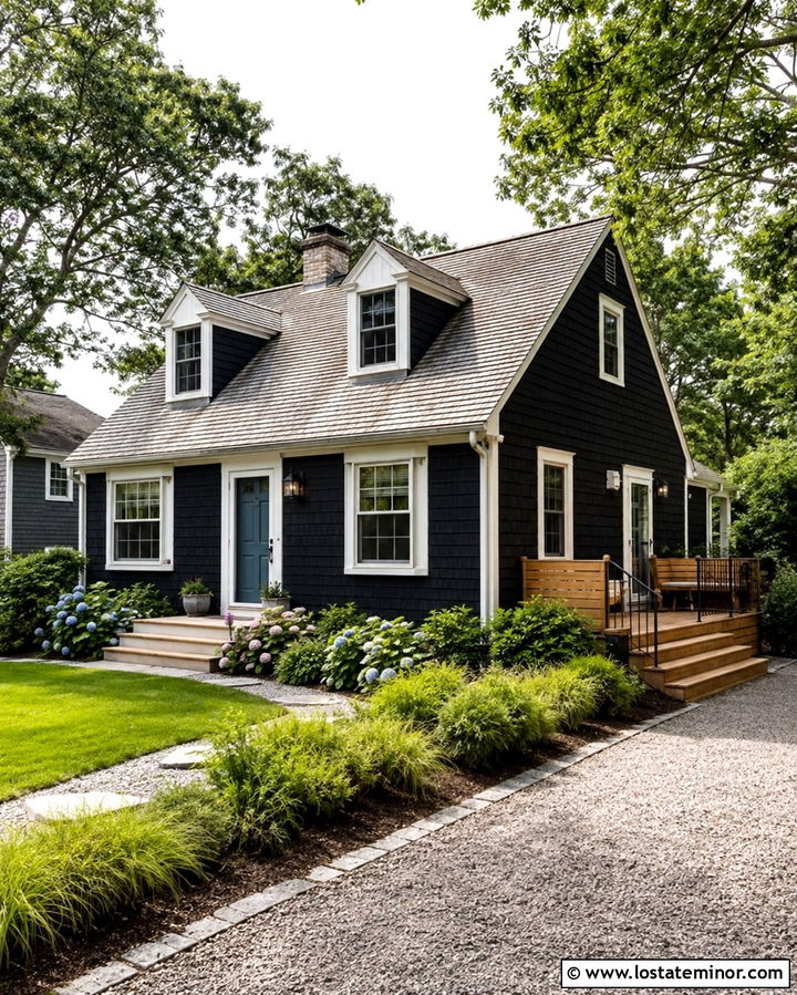 Soft Black Cape Cod House With Small Cedar Deck - 30 Soft Black House Design With Deck Ideas