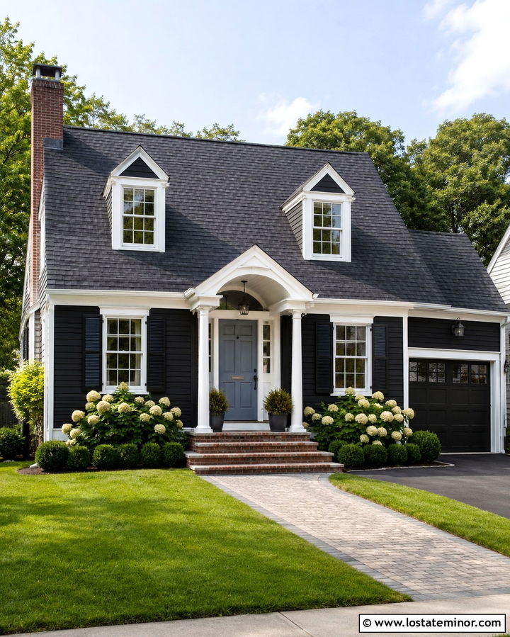 Soft Black Cape Cod With Arched Portico - 30 Soft Black House Design With Portico Ideas