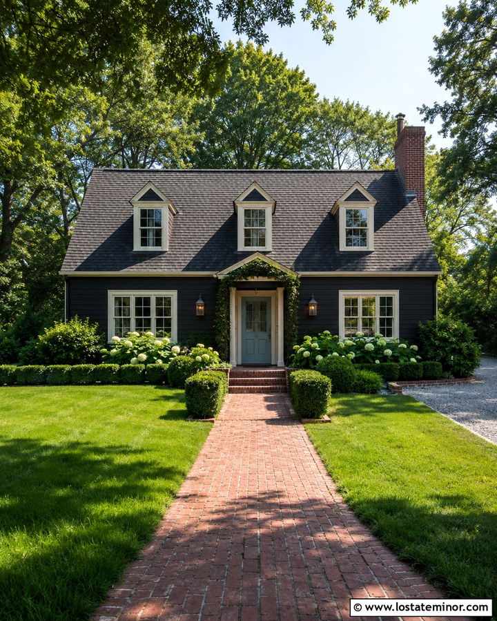 Soft Black Cape Cod With Brick Entry Path - 30 Soft Black House Design With Brick Accents Ideas