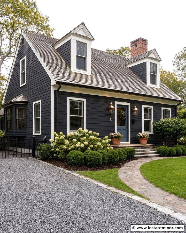 Soft Black Cape Cod With Copper Entry Lights - 30 Soft Black House Design With Lighting Ideas