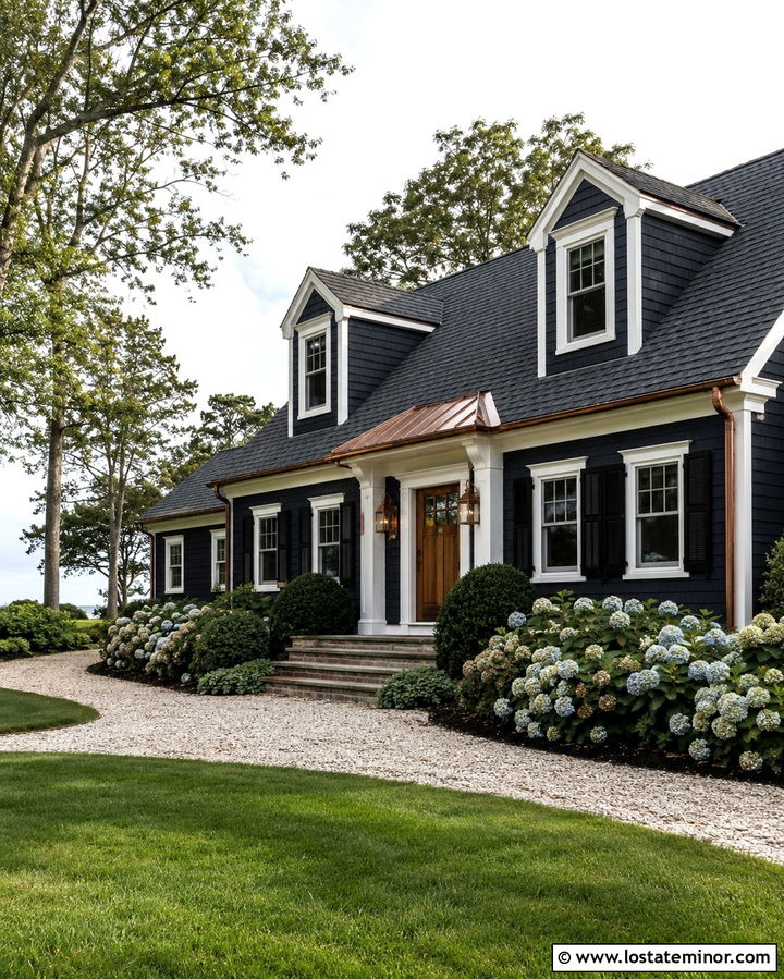 Soft Black Cape Cod With Copper Wall Lights - 30 Soft Black House Design With Light Fixtures Ideas