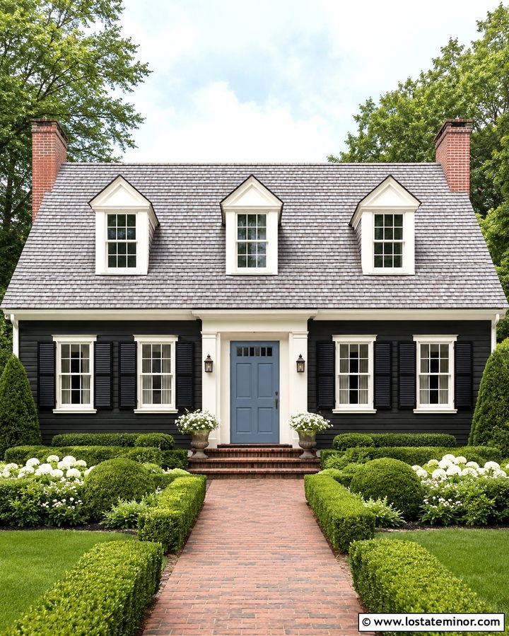 Soft Black Cape Cod With Dusty Blue Entry Door - 30 Soft Black House Design With Entry Door Ideas