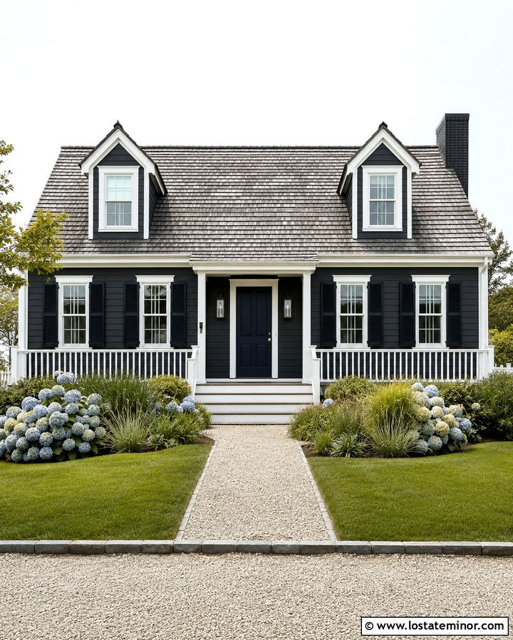 Soft Black Cape Cod With Navy Front Door - 30 Soft Black House Design With Front Door Ideas