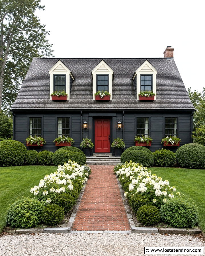 Soft Black Cape Cod With Red Window Boxes - 30 Soft Black House Design With Window Boxes Ideas