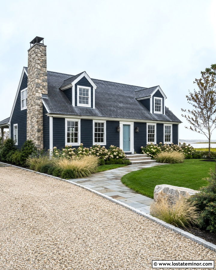 Soft Black Cape Cod With Stone Chimney - 30 Soft Black House Design With Stone Accents Ideas