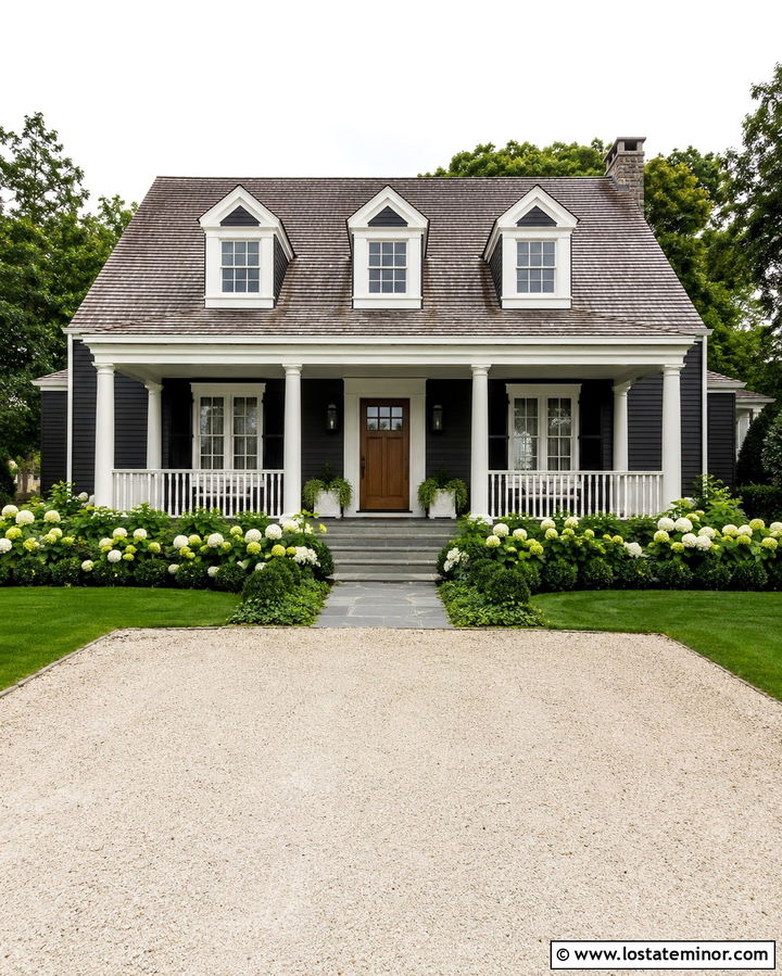 Soft Black Cape Cod With White Porch Columns - 30 Soft Black House Design With Porch Columns Ideas