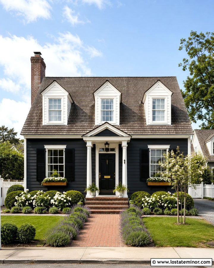 Soft Black Cape Cod With White Roses - 30 Soft Black House Design With Landscaping Ideas