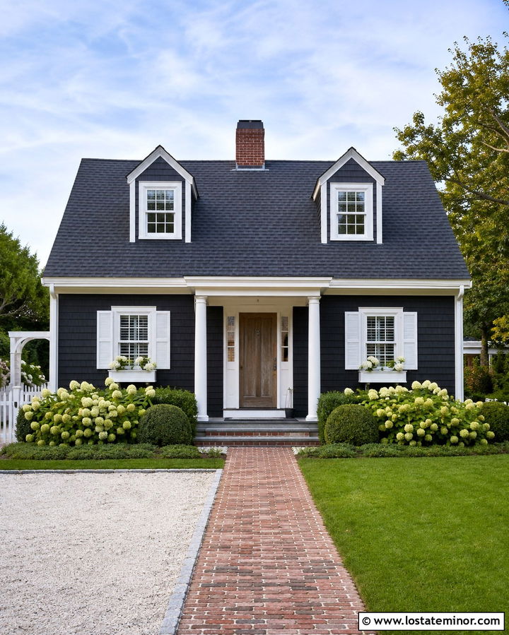 Soft Black Cape Cod With White Trim Porch - 30 Soft Black House Design With Front Porch Ideas