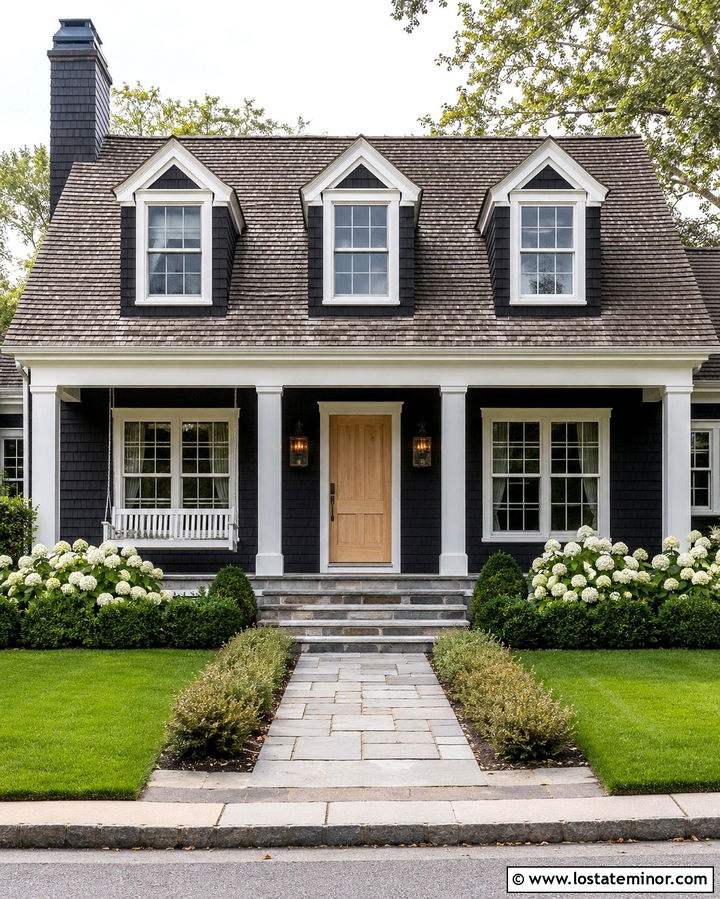 Soft Black Cape Cod With White Wooden Swing - 30 Soft Black House Design With Swing Ideas
