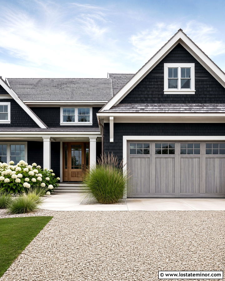 Soft Black Coastal House With Driftwood Gray Garage Door - 30 Soft Black House Design With Garage Door Ideas