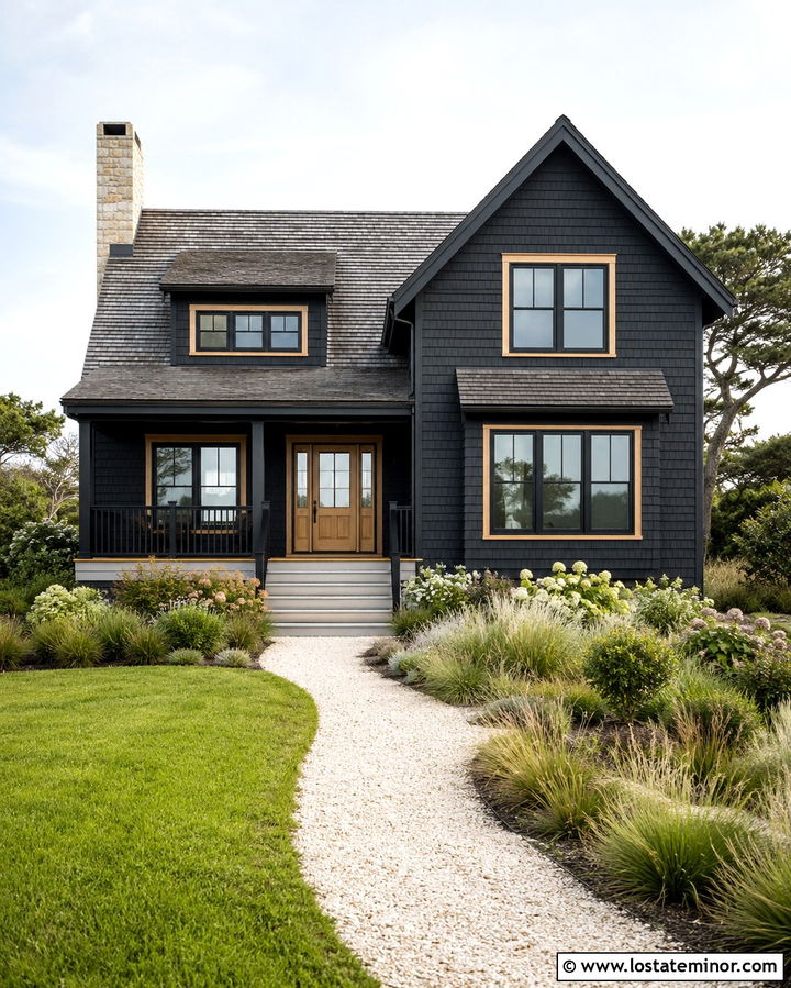Soft Black Coastal House With Light Wood Windows - 30 Soft Black House Design With Window Frames Ideas