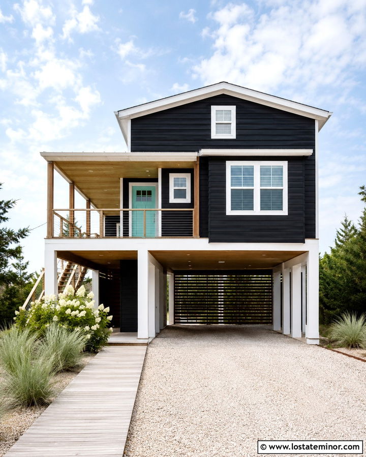 Soft Black Coastal House With Open Carport - 30 Soft Black House Design With Carport Ideas