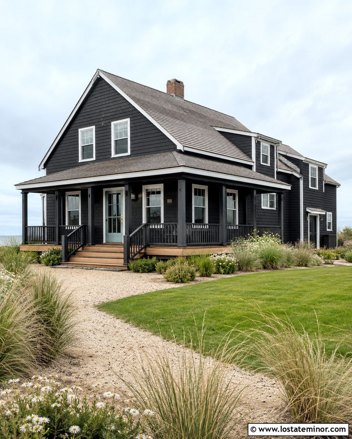 Soft Black Coastal House With Pale Aqua Entry Door - 30 Soft Black House Design With Entry Door Ideas