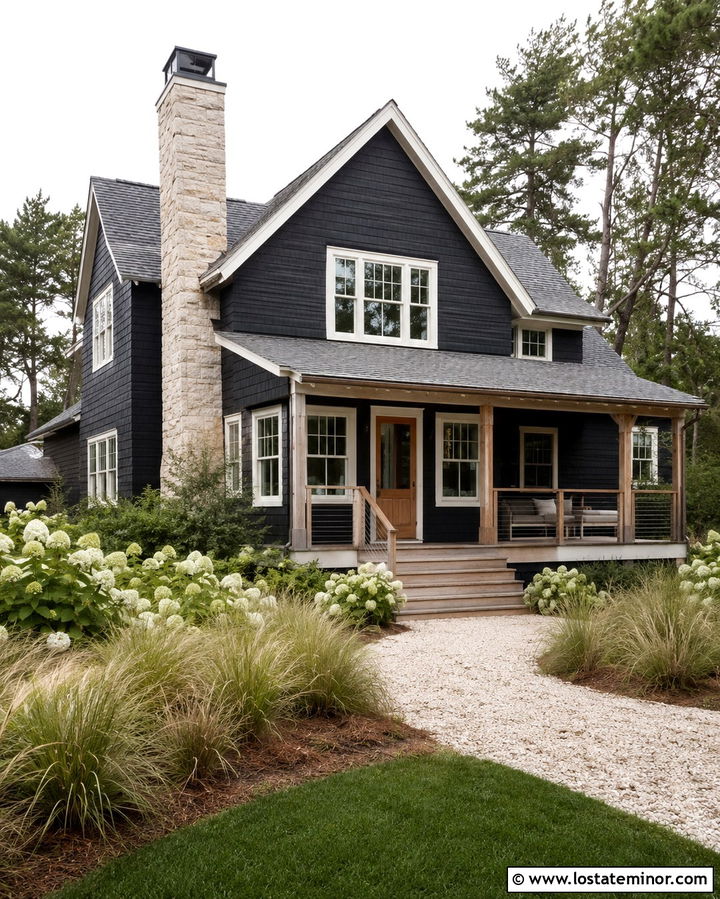 Soft Black Coastal House With Pale Stone Chimney - 30 Soft Black House Design With Chimney Ideas