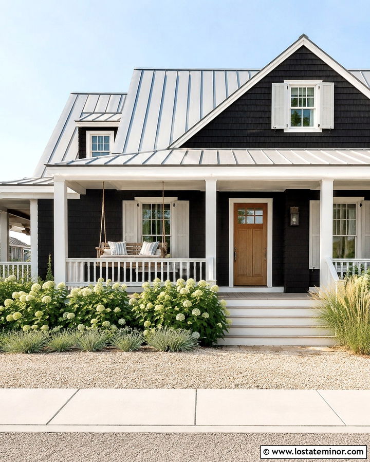 Soft Black Coastal House With Rope Porch Swing - 30 Soft Black House Design With Swing Ideas