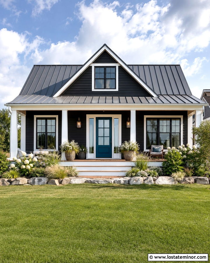 Soft Black Coastal House With Teal Front Door - 30 Soft Black House Design With Front Door Ideas