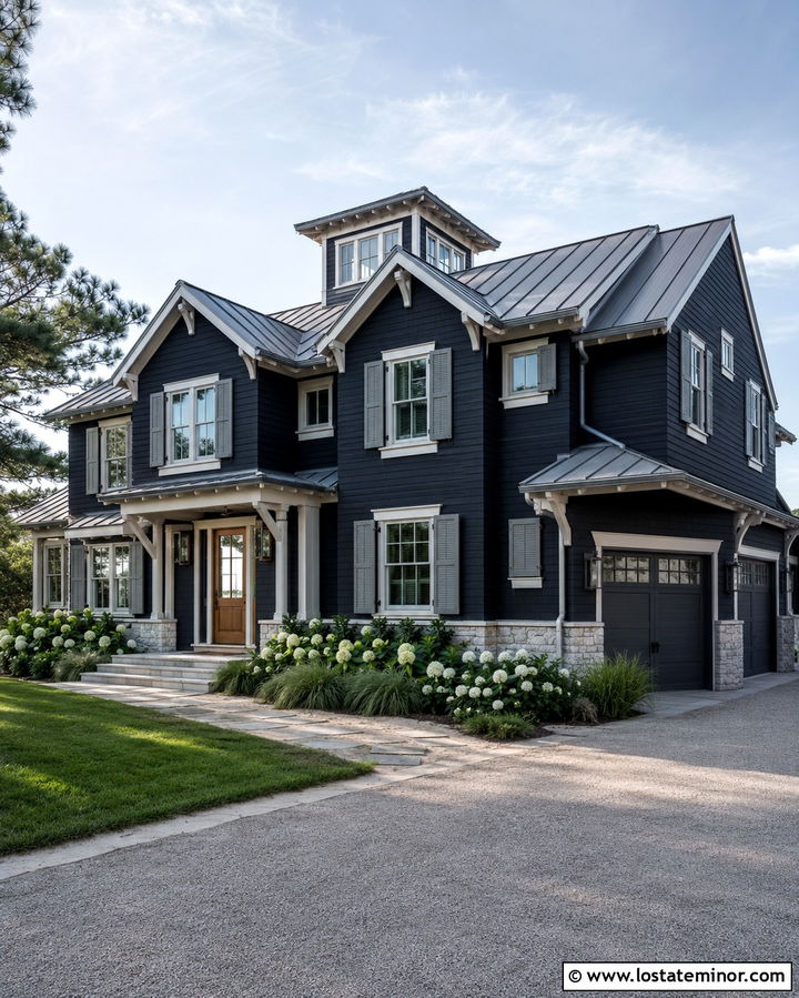 Soft Black Coastal House With Weathered Gray Shutters - 30 Soft Black House Design With Shutters Ideas