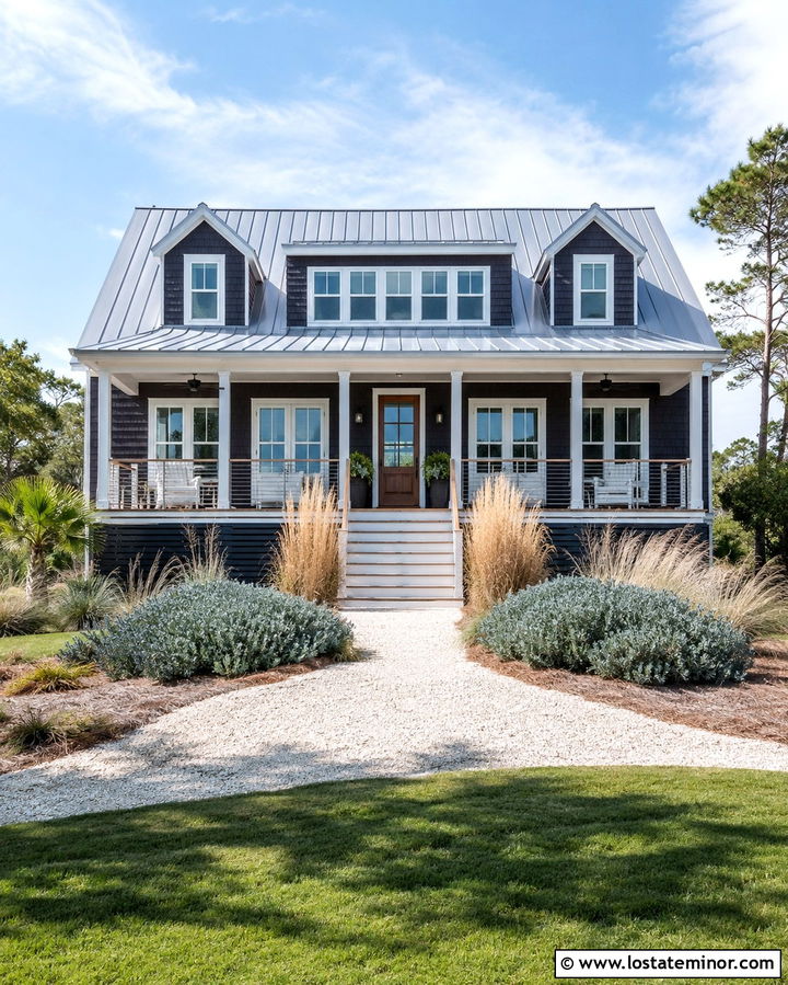 Soft Black Coastal House With White Cable Railings - 30 Soft Black House Design With Railings Ideas