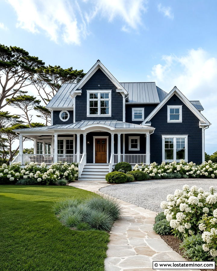 Soft Black Coastal House With White Landscaping - 30 Soft Black House Design With Landscaping Ideas