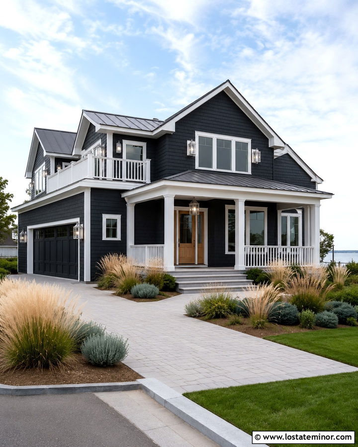 Soft Black Coastal House With White Lanterns - 30 Soft Black House Design With Lighting Ideas