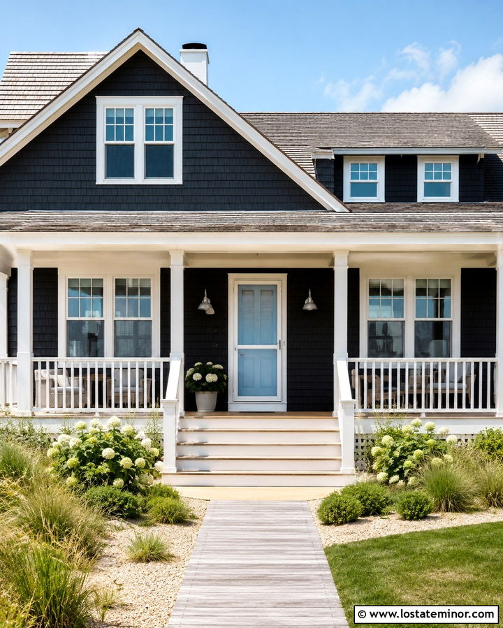 Soft Black Coastal House With White Screen Door - 30 Soft Black House Design With Screen Door Ideas