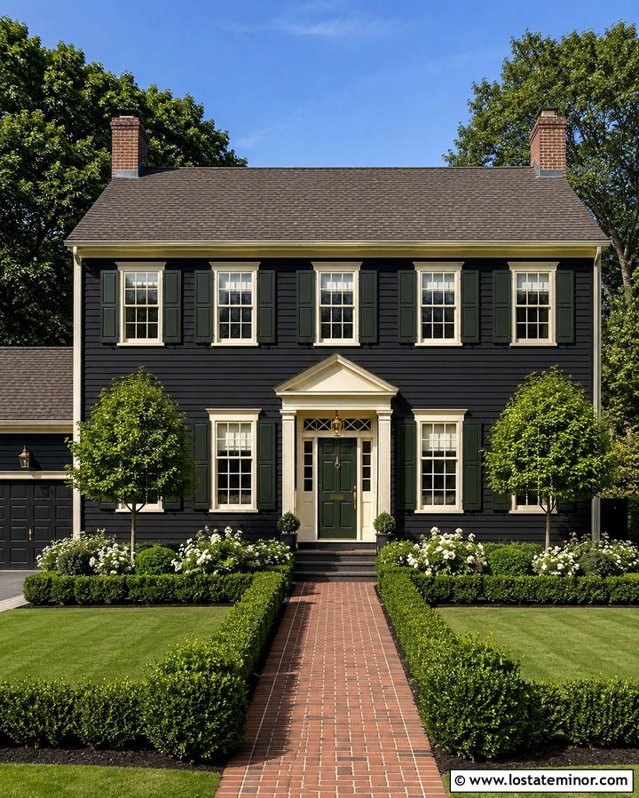 Soft Black Colonial House With Boxwood Hedges - 30 Soft Black House Design With Landscaping Ideas