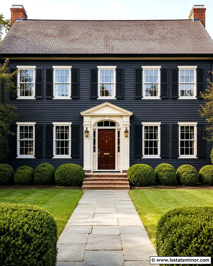Soft Black Colonial House With Brass Lanterns - 30 Soft Black House Design With Light Fixtures Ideas