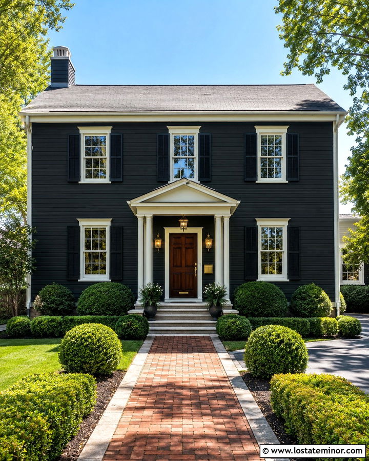 Soft Black Colonial House With Brass Mailbox - 30 Soft Black House Design With Mailbox Ideas