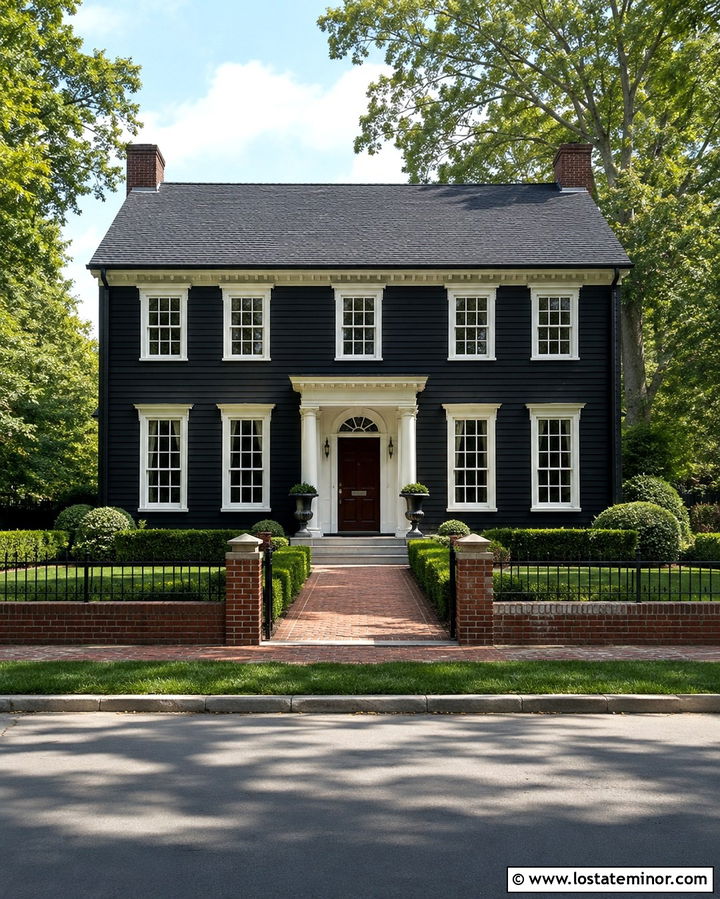 Soft Black Colonial House With Brick Fence - 30 Soft Black House Design With Fence Ideas