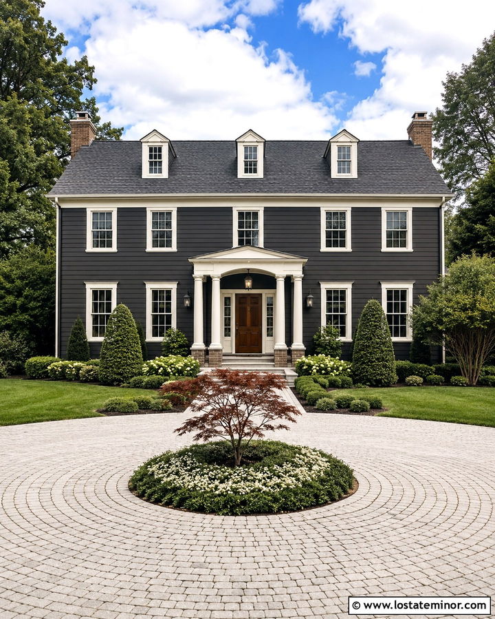Soft Black Colonial House With Circular Driveway - 30 Soft Black House Design With Driveway Ideas