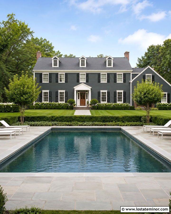 Soft Black Colonial House With Classic Pool - 30 Soft Black House Design With Swimming Pool Ideas