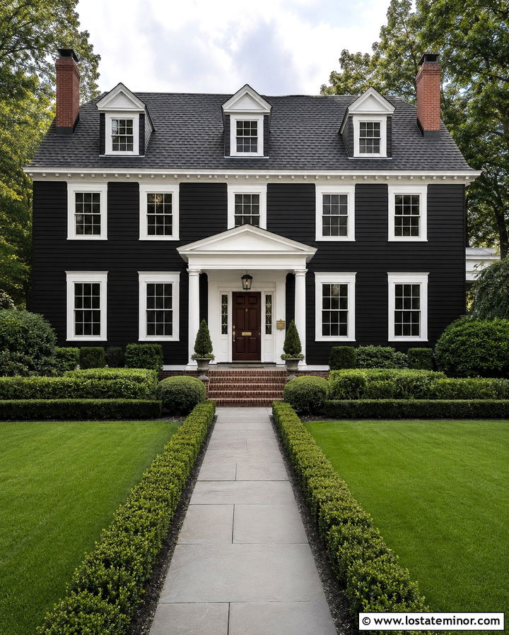 Soft Black Colonial House With Column Portico - 30 Soft Black House Design With Portico Ideas