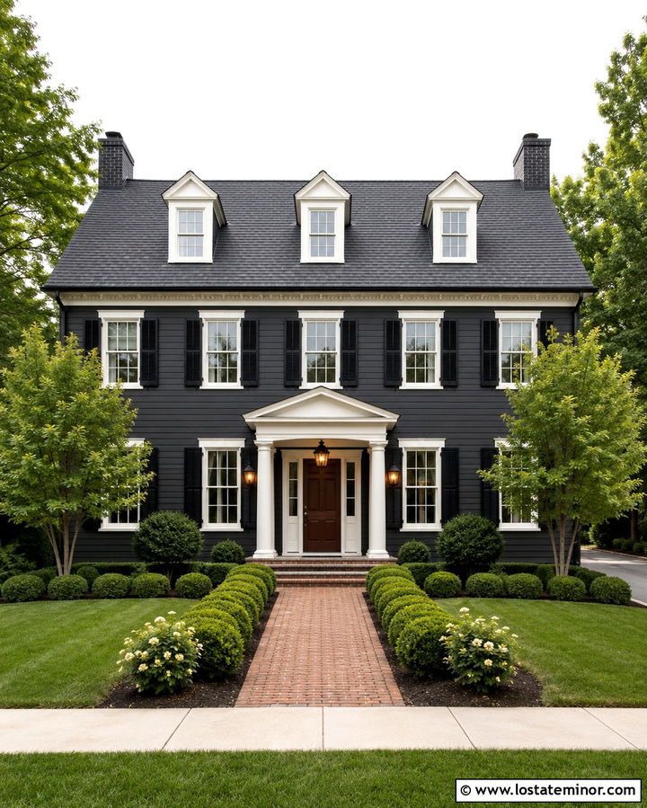 Soft Black Colonial House With Gables - 30 Soft Black House Design With Gables Ideas