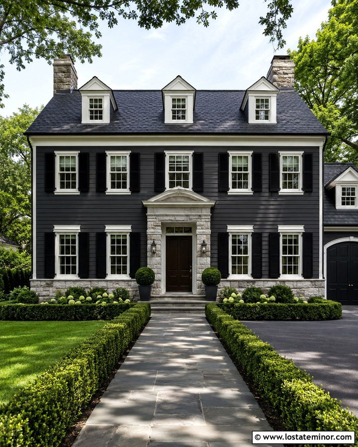 Soft Black Colonial House With Gray Stone - 30 Soft Black House Design With Stone Accents Ideas