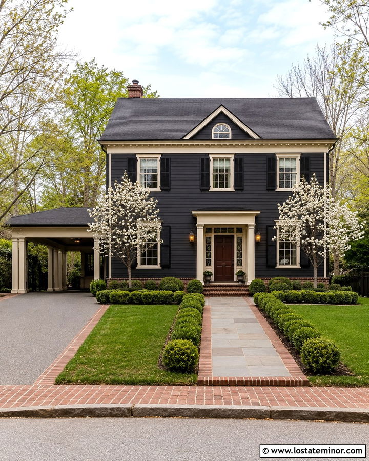 Soft Black Colonial House With Side Carport - 30 Soft Black House Design With Carport Ideas