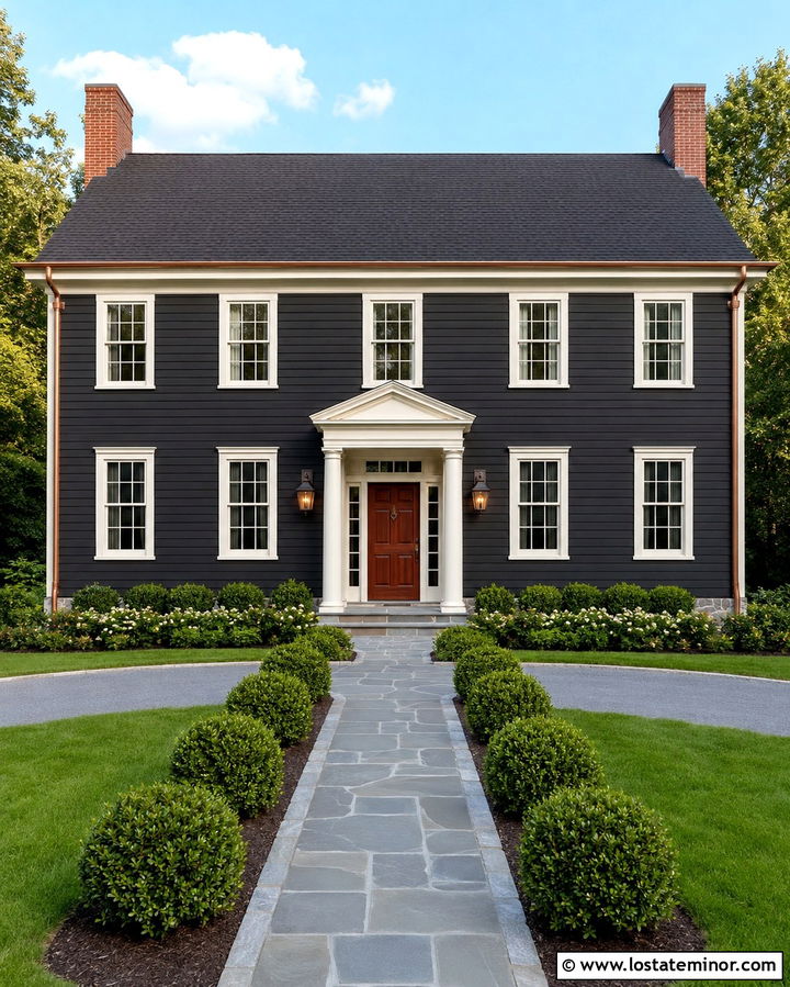 Soft Black Colonial House With Traditional Sconces - 30 Soft Black House Design With Lighting Ideas