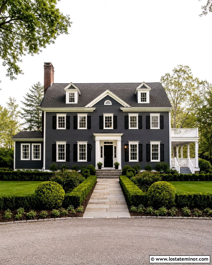 Soft Black Colonial House With White Deck - 30 Soft Black House Design With Deck Ideas