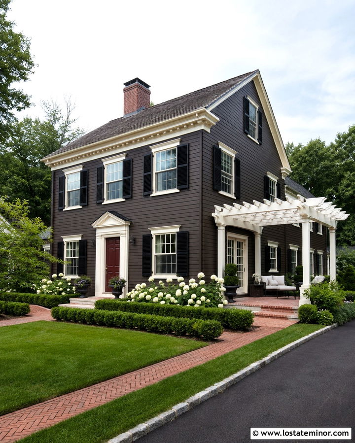 Soft Black Colonial House With White Pergola - 30 Soft Black House Design With Pergola Ideas