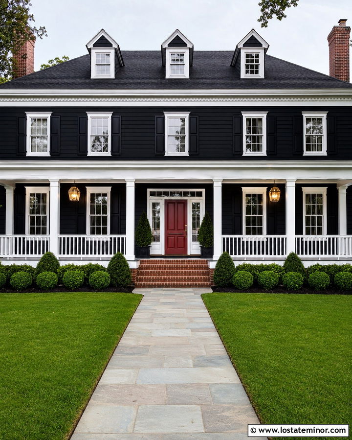 Soft Black Colonial House With White Railings - 30 Soft Black House Design With Railings Ideas