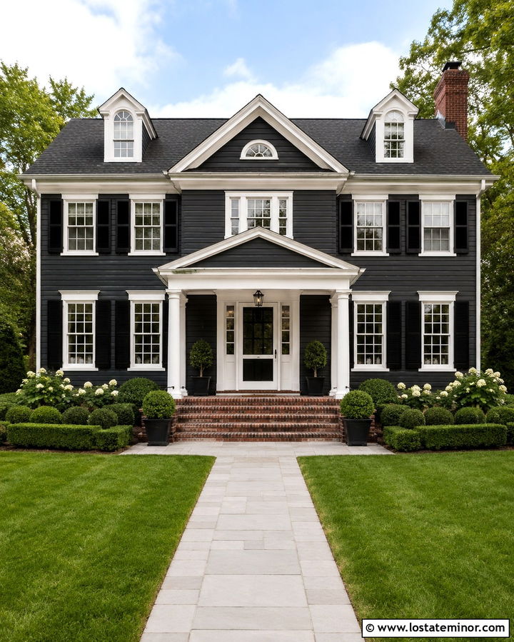 Soft Black Colonial House With White Storm Door - 30 Soft Black House Design With Storm Door Ideas