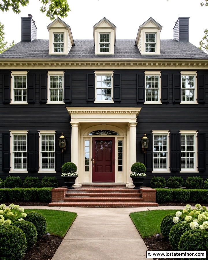 Soft Black Colonial Revival With Burgundy Storm Door - 30 Soft Black House Design With Storm Door Ideas