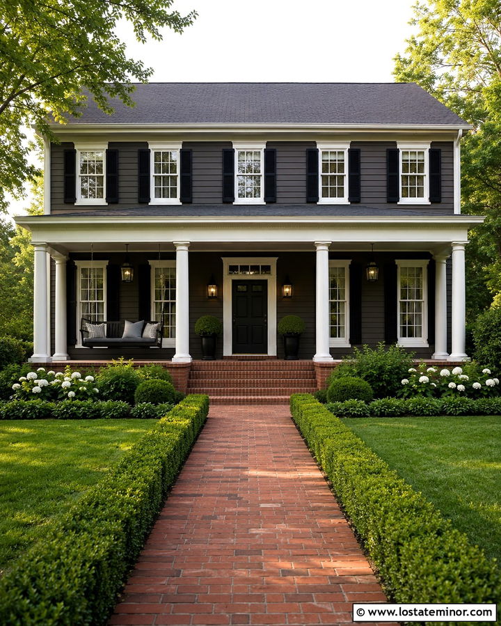 Soft Black Colonial With Black Porch Swing - 30 Soft Black House Design With Swing Ideas